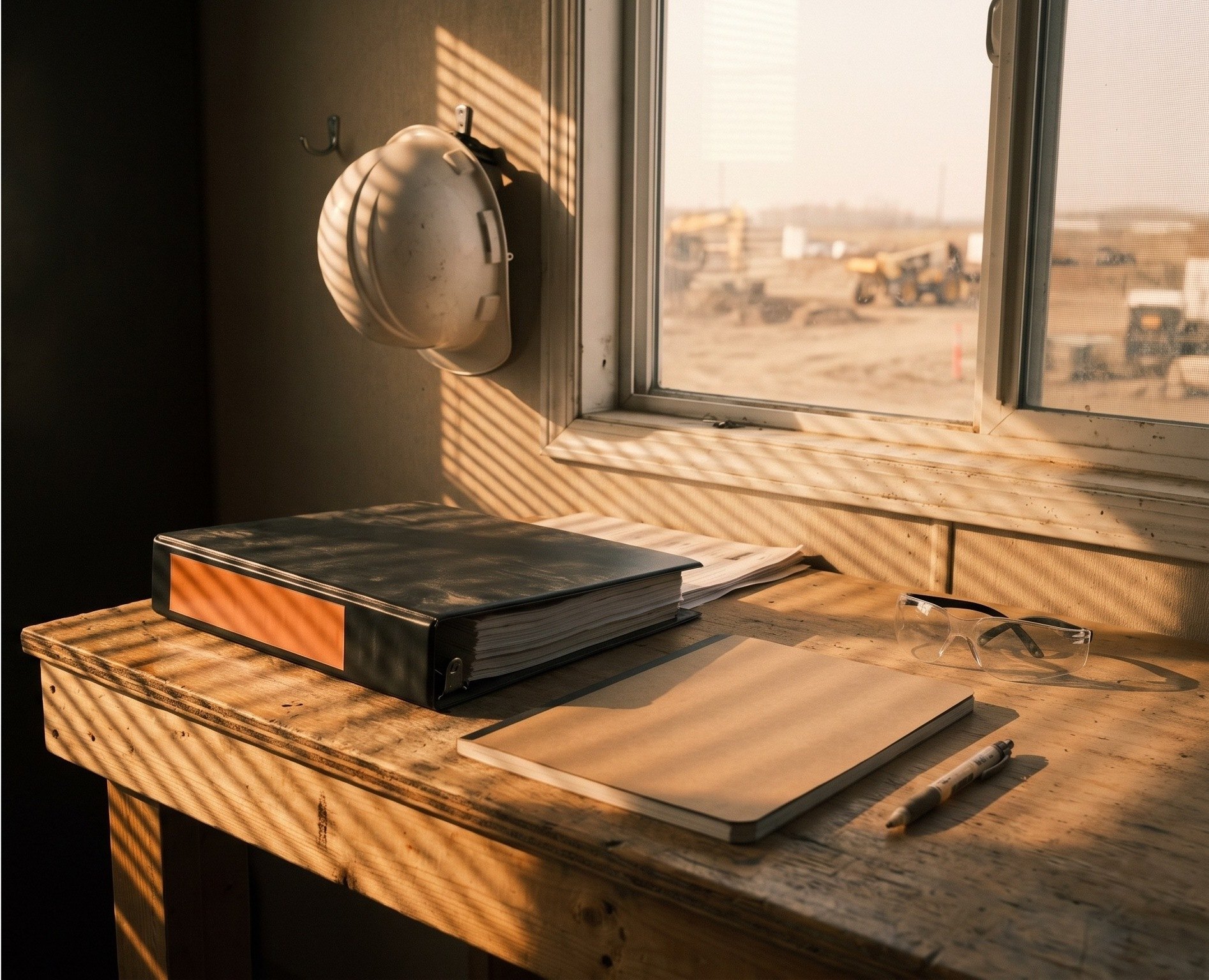 A black safety manual binder with an orange spine on a site-office desk, with safety glasses and a hard hat on the wall.