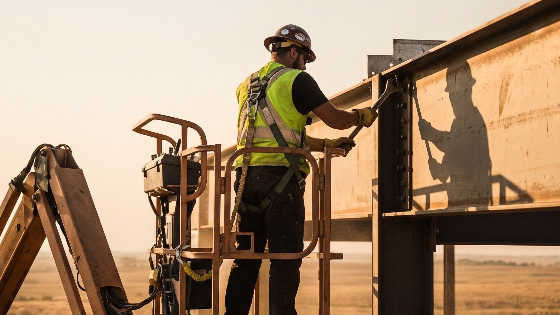 An ironworker in a full-body harness, tied off inside a boom lift basket, bolting a steel beam connection.