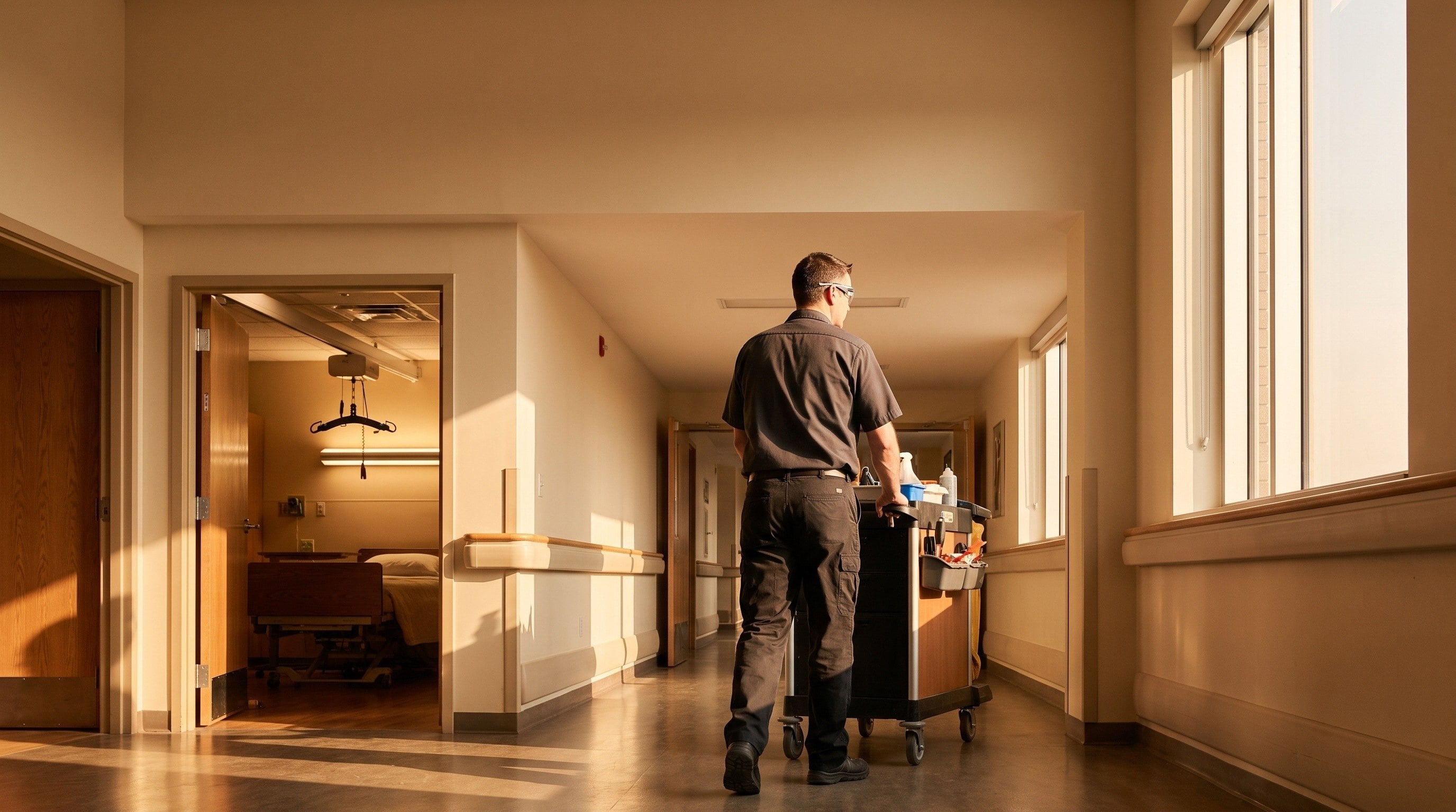 A maintenance worker pushing a cart down a continuing-care corridor, with a ceiling patient lift visible in an open room.