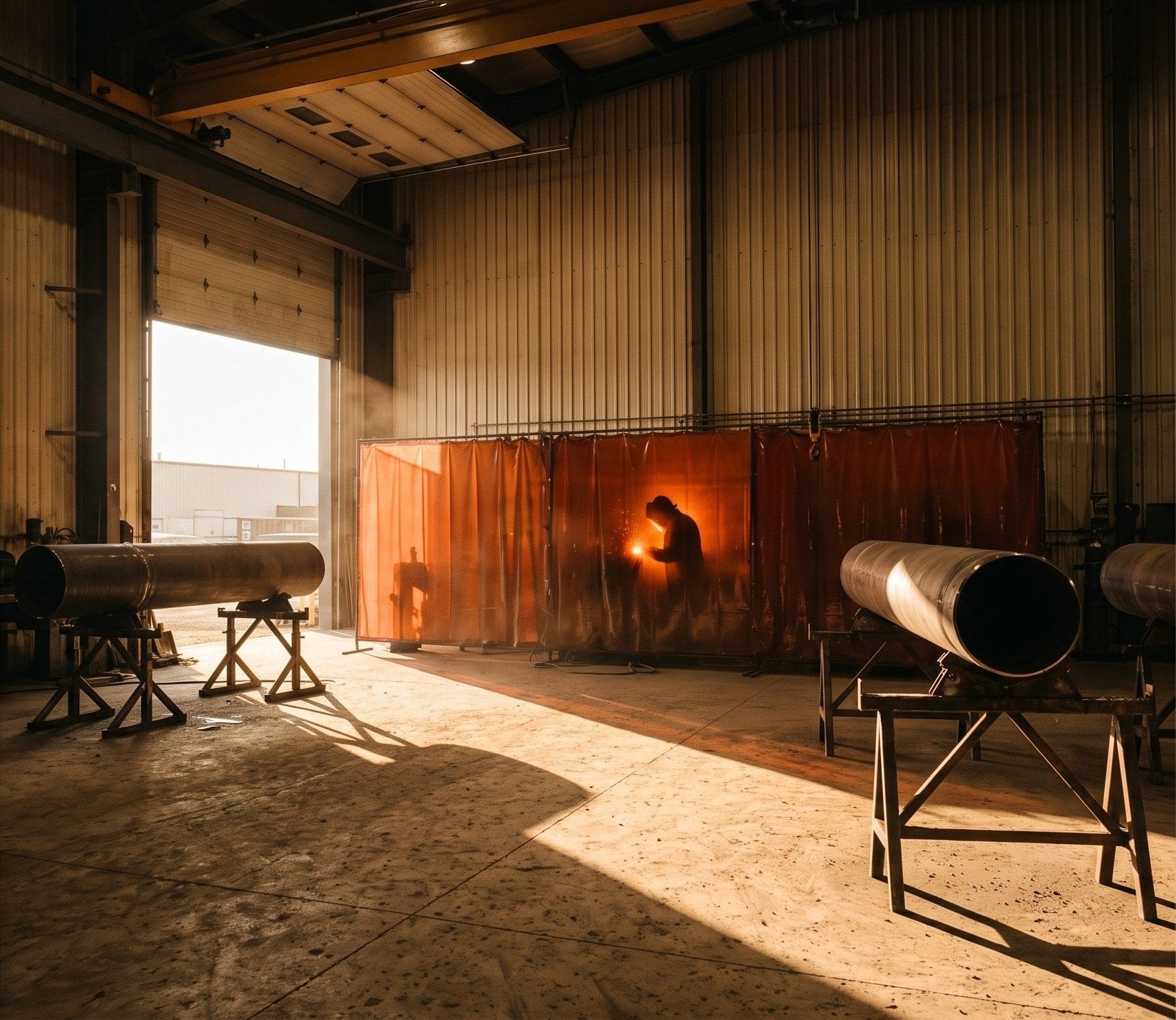 A steel fabrication shop with pipe spools on stands and a welder working behind orange welding curtains.