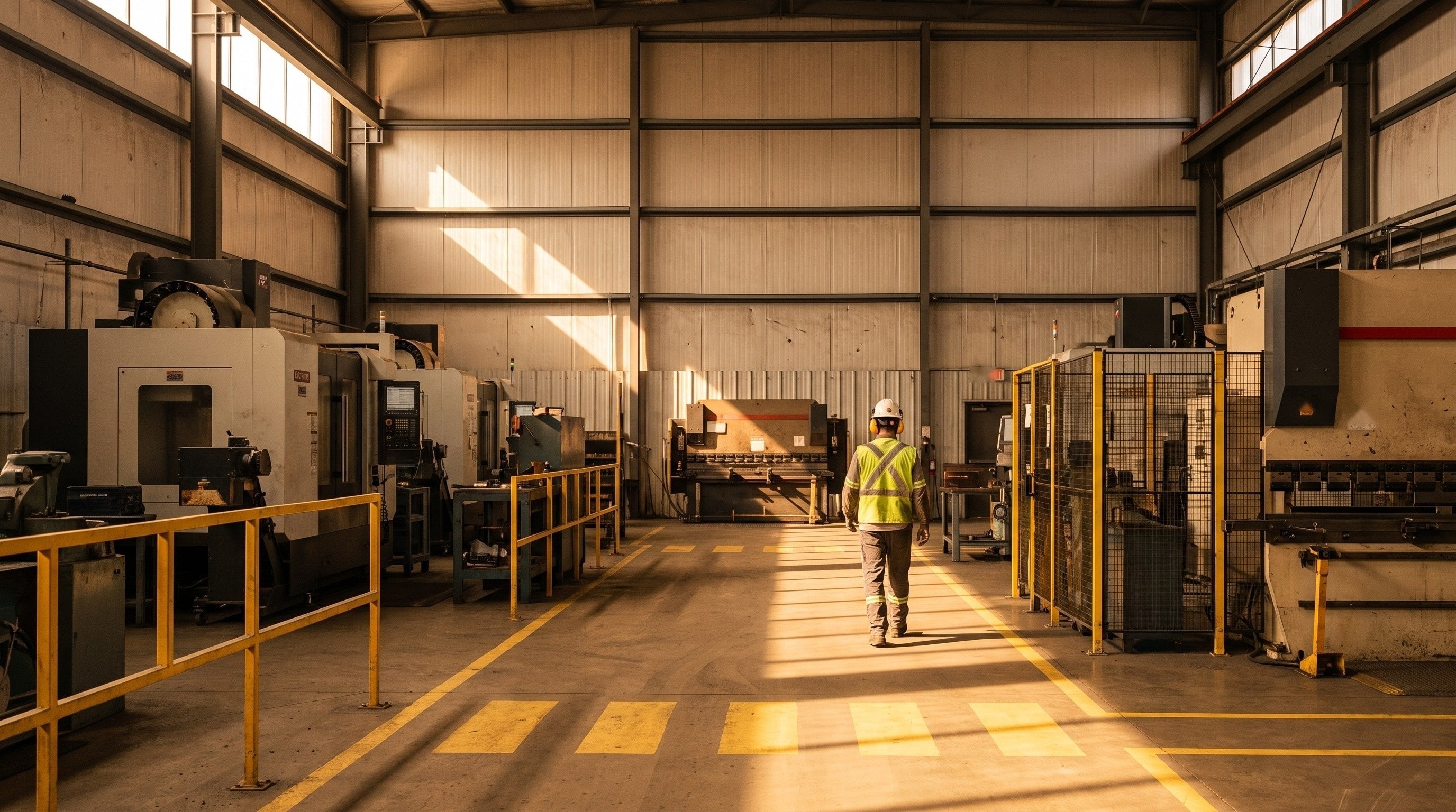 A clean plant floor with a marked pedestrian walkway between guarded machines and a worker in hi-vis down the aisle.