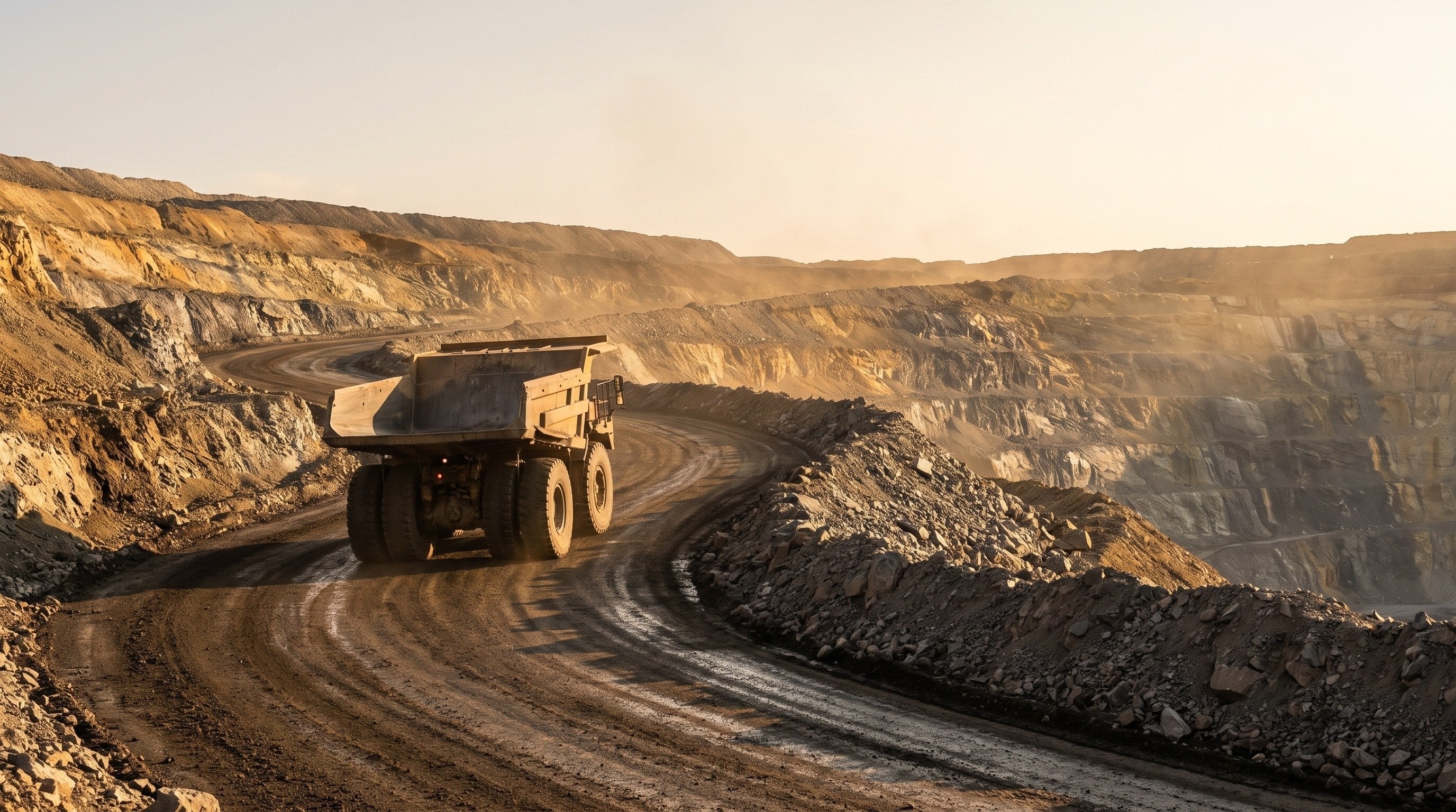 A haul truck climbing a haul road through an open-pit mine, with a rock berm along the edge.