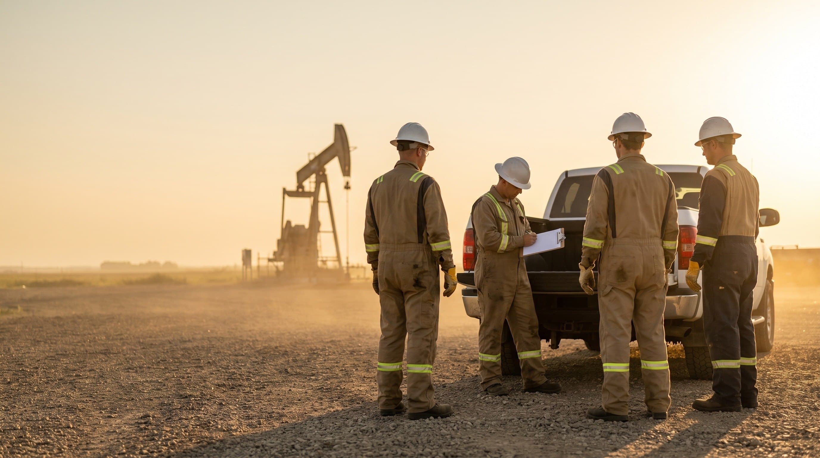 A supervisor leading a sunrise tailgate toolbox talk with workers in FR coveralls and hard hats on an Alberta lease.
