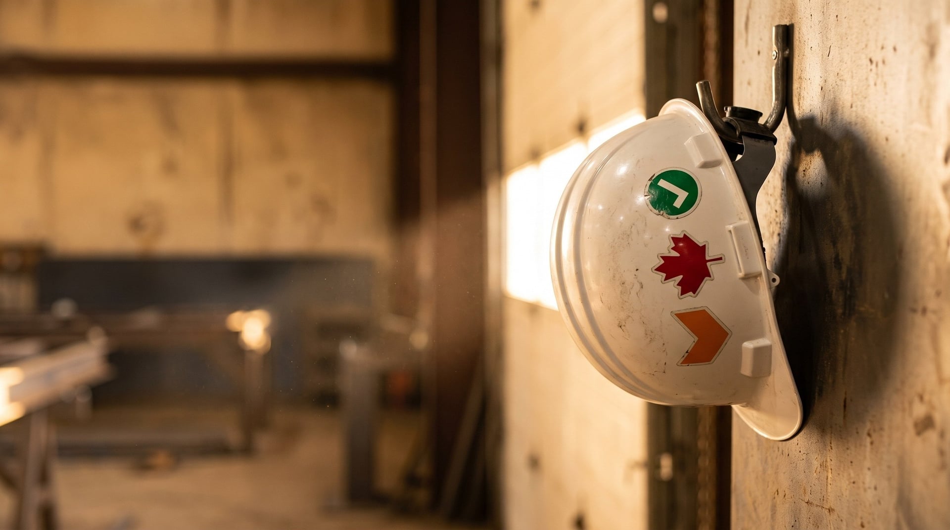 A white hard hat on a shop hook with a green check, maple leaf and orange chevron sticker.