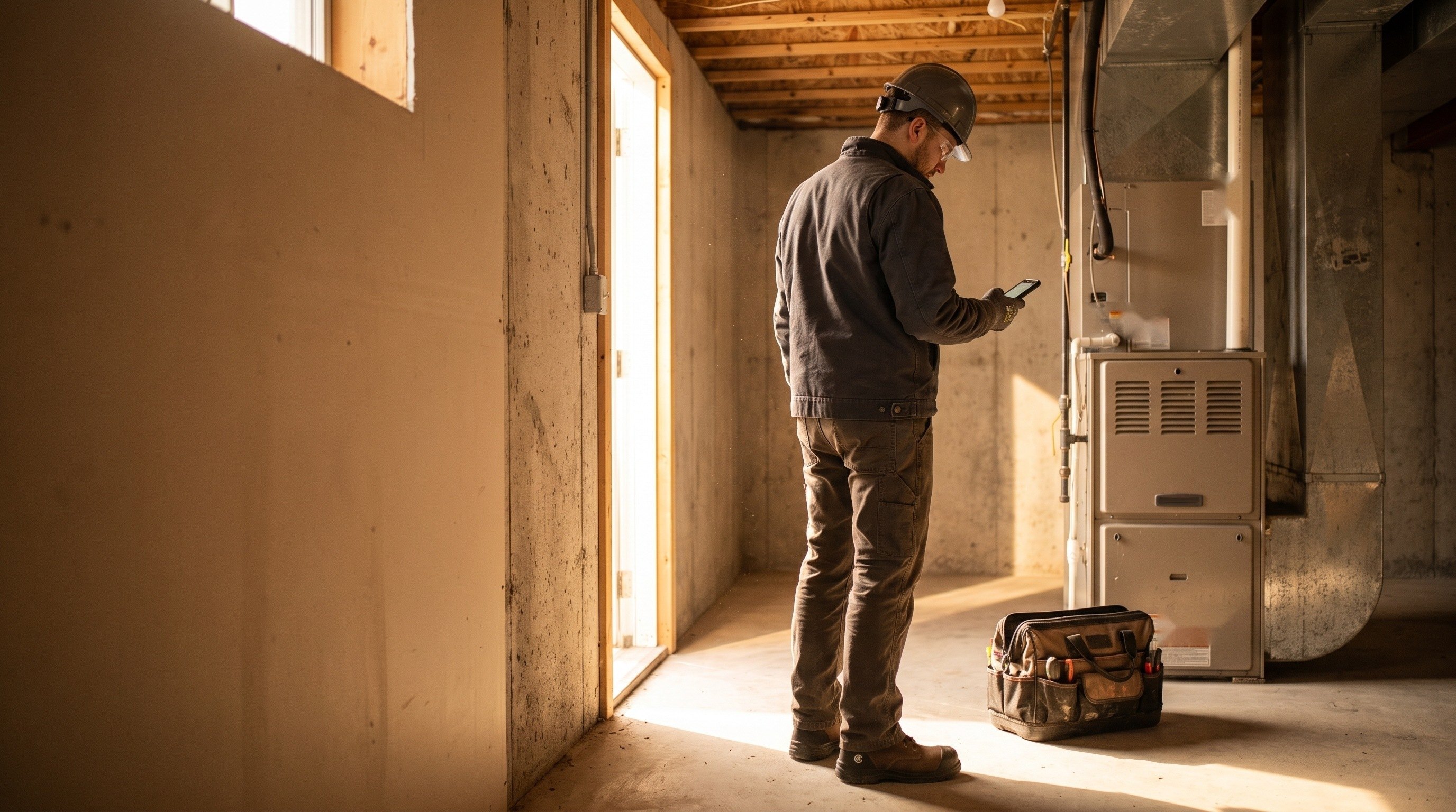 A residential HVAC technician working alone in a basement, checking in on a phone app beside a closed furnace.