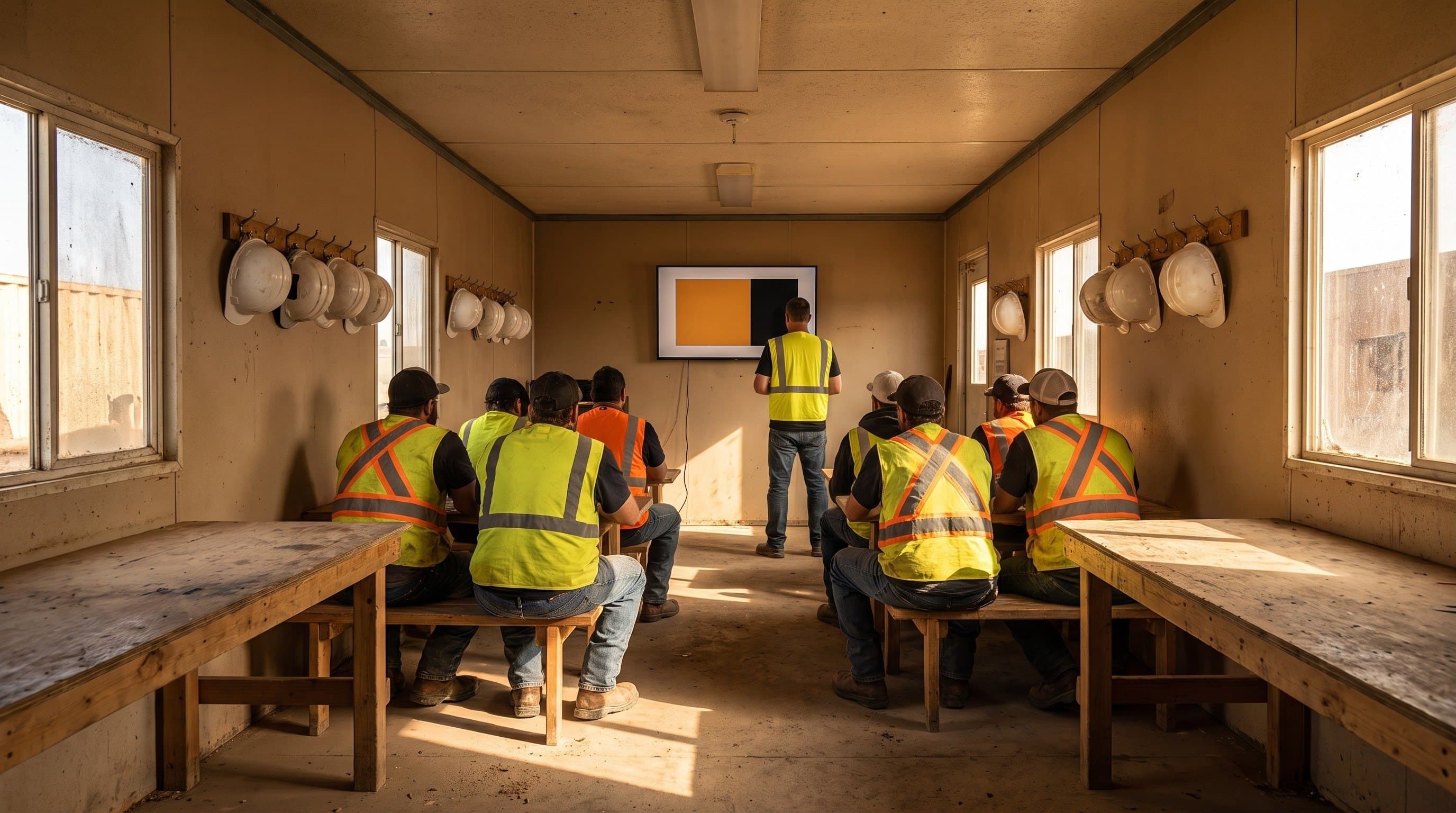 Workers in hi-vis vests attending a safety orientation in a site training trailer, hard hats hung on the wall.