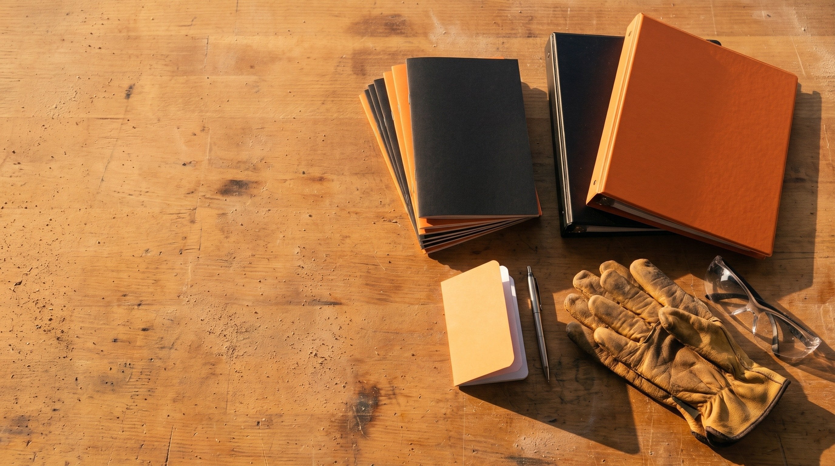 Printed safety booklets, a binder, a field card booklet, gloves and safety glasses laid out on a wooden workbench.