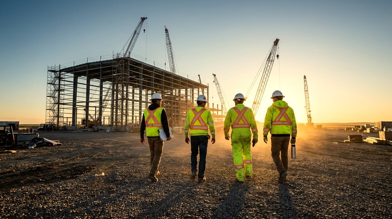 An industrial construction worksite with a crew working.