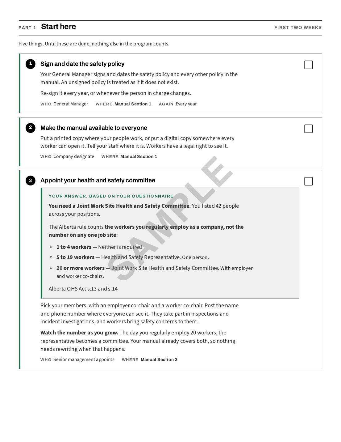 Checklist Part 1, Start here: numbered steps with who, where and a tick box