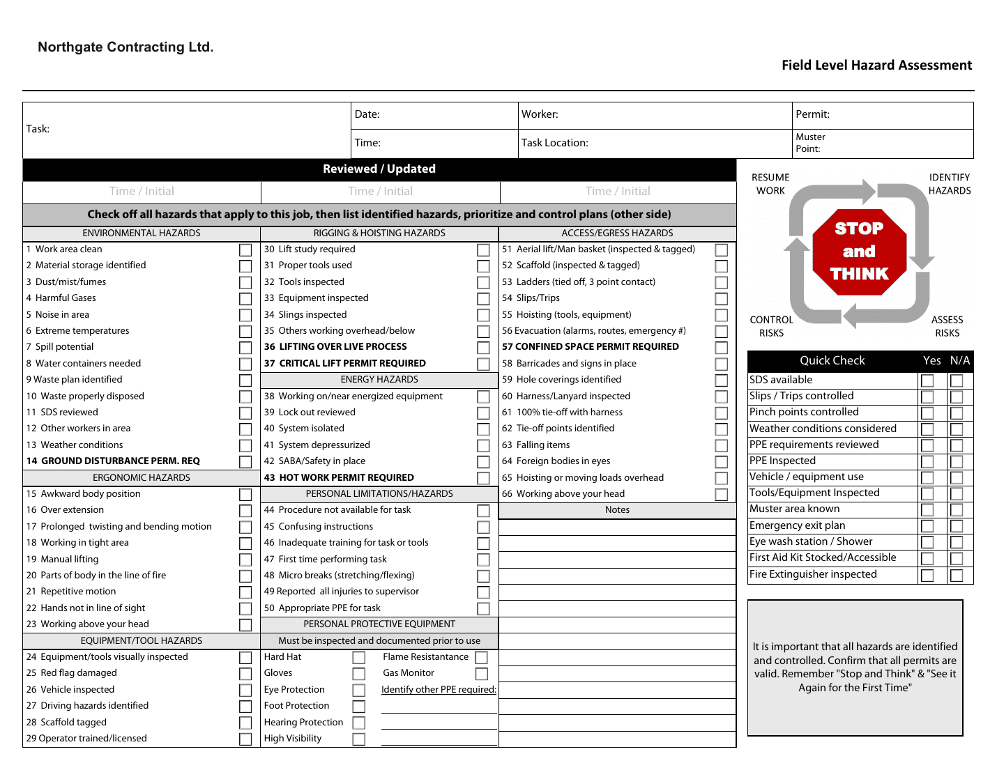 Field Level Hazard Assessment form, stamped with the sample company name