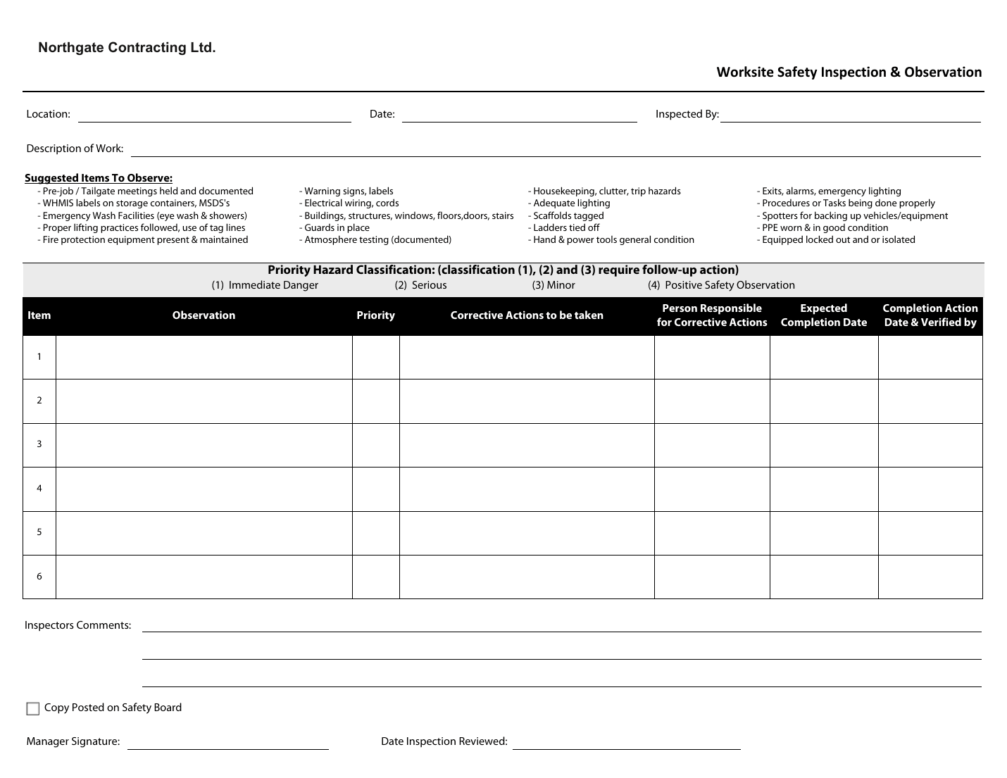Worksite Safety Inspection and Observation form, stamped with the sample company name