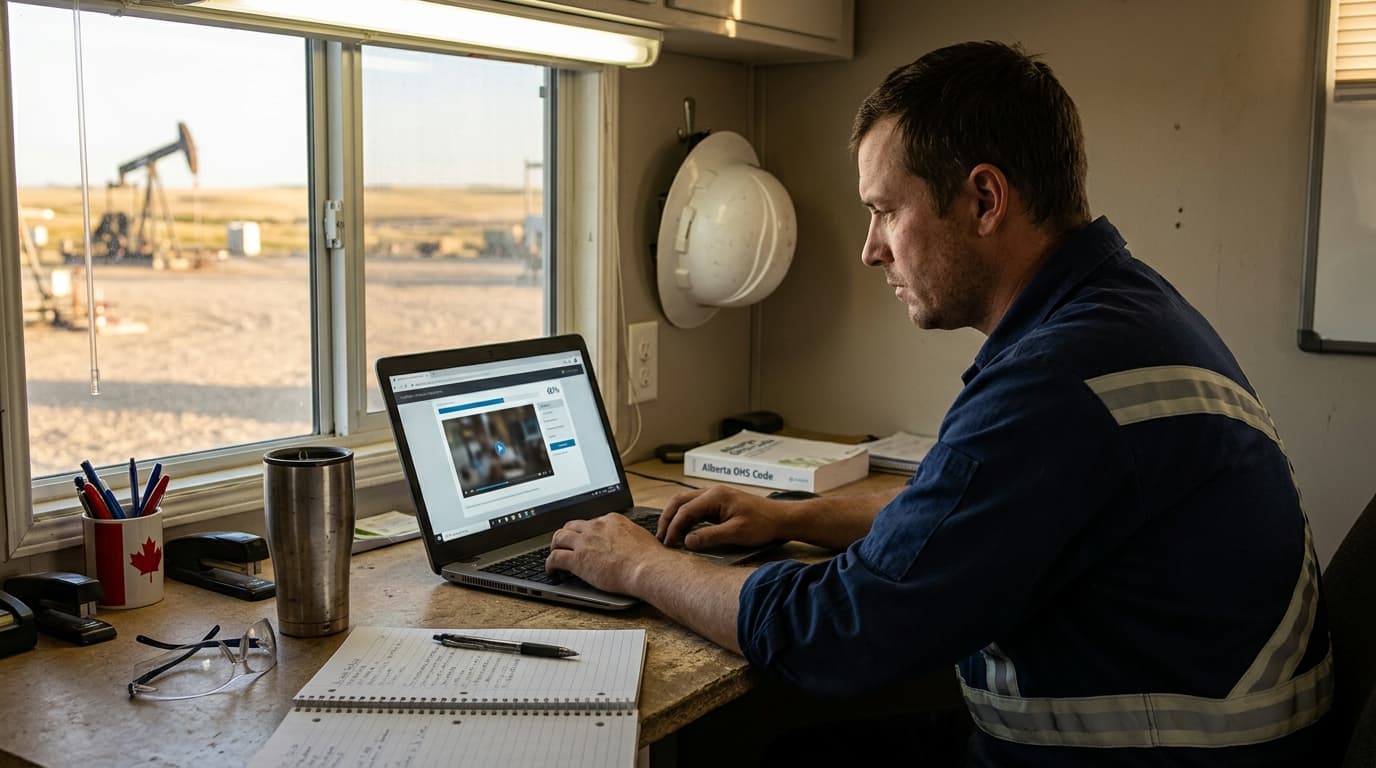 A potash mine safety professional reviewing pre-qualification compliance documentation.